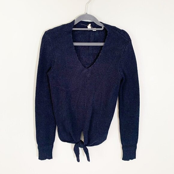 Moth by Anthropologie dark blue knot tie front long sleeve fitted sweater - Picture 1 of 8